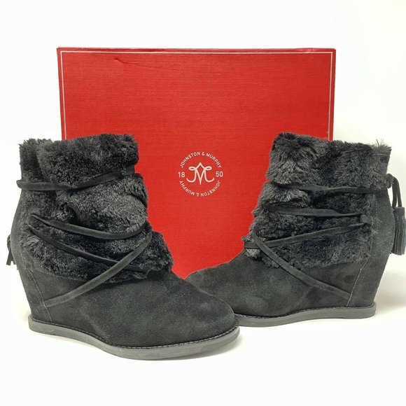 Johnston & Murphy Womens 6 Suede & Faux Fur Cuff Ankle Mid Boots Booties Black - Picture 1 of 10